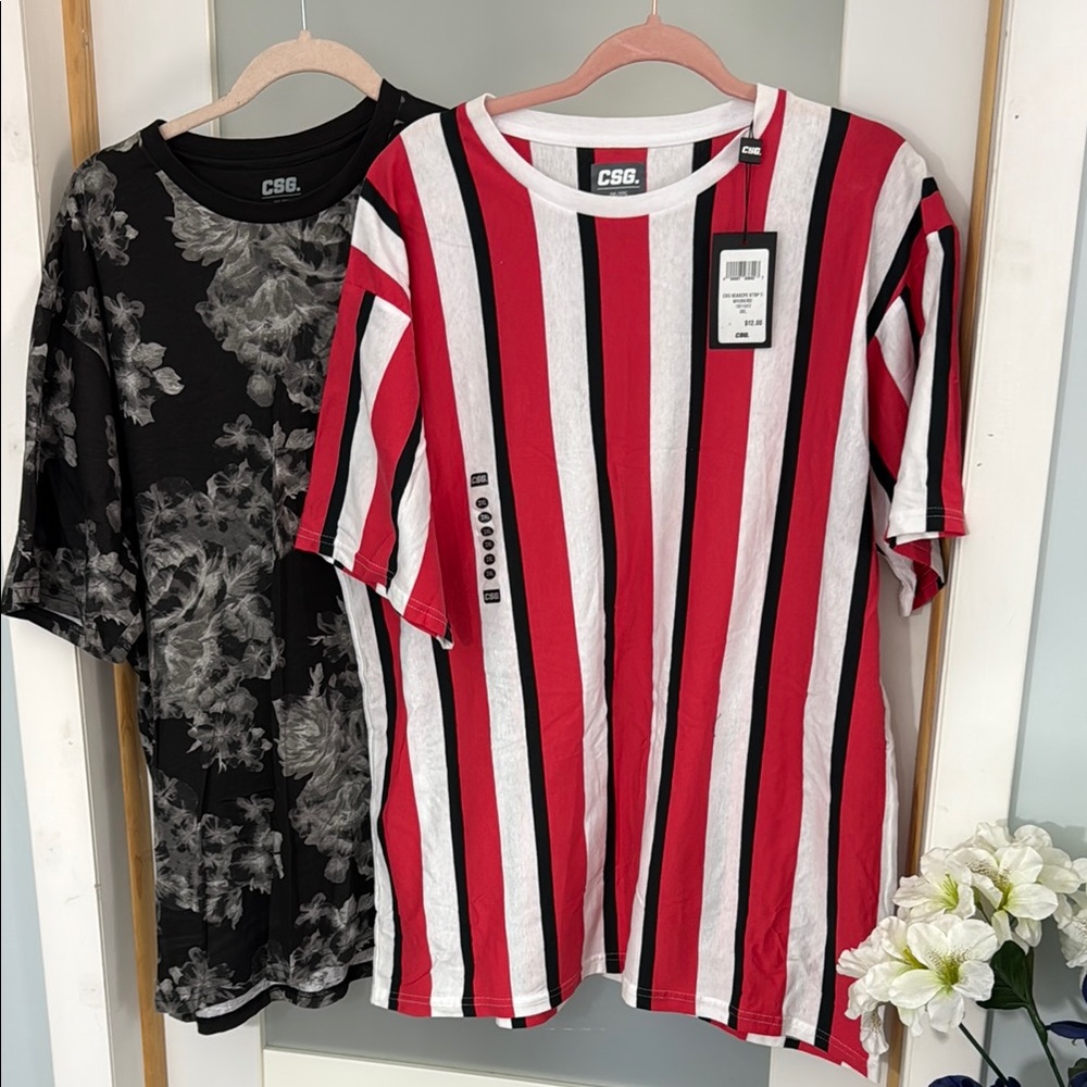 Striped and Floral T-Shirts - Red, Black, and White